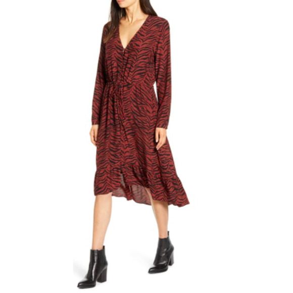 RAILS Rust Black JADE Tiger Stripe High/Low Ruffle Hem Midi Dress V-Neck Medium - Picture 1 of 5